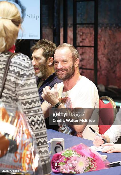 Sting hosts an autograph signing for the Original Broadway Cast Recording of 'The Last Ship' on stage at The Neil Simon Theatre on December 21, 2014...