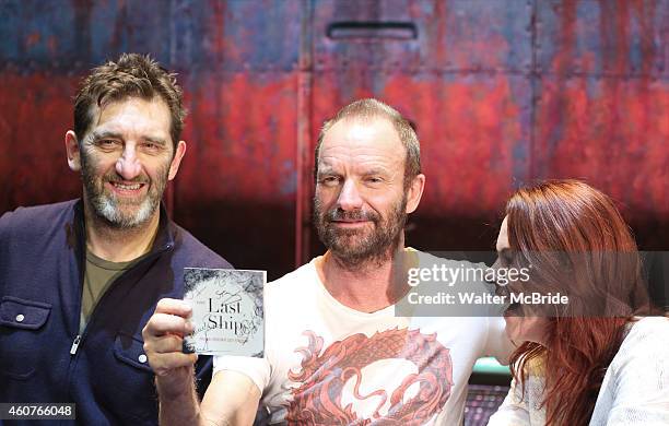 Jimmy Nail, Sting and Rachel Tucker attend the autograph signing for the Original Broadway Cast Recording of 'The Last Ship' on stage at The Neil...