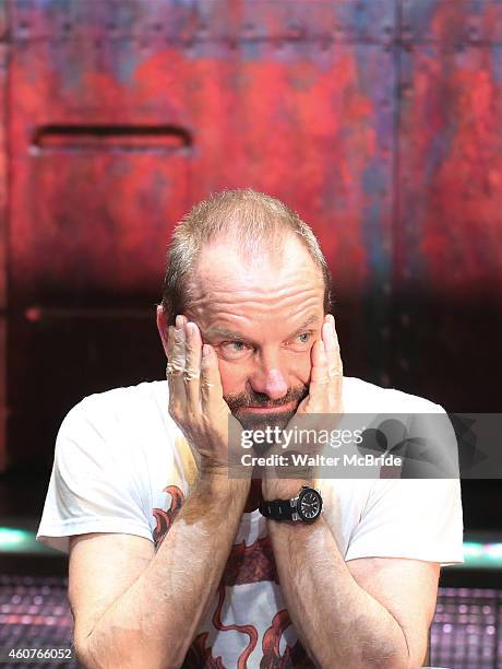 Sting hosts an autograph signing for the Original Broadway Cast Recording of 'The Last Ship' on stage at The Neil Simon Theatre on December 21, 2014...