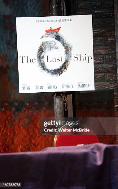 Sting hosts an autograph signing for the Original Broadway Cast Recording of 'The Last Ship' on stage at The Neil Simon Theatre on December 21, 2014...