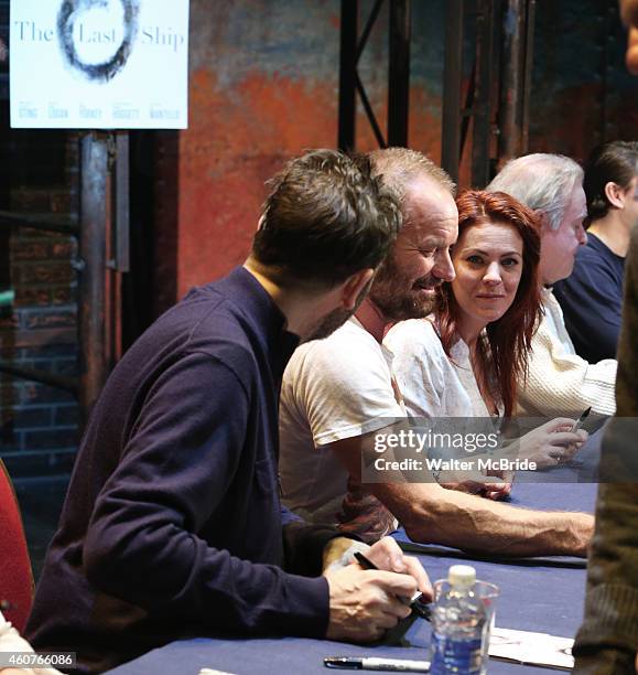 Jimmy Nail, Sting and Rachel Tucker attend the autograph signing for the Original Broadway Cast Recording of 'The Last Ship' on stage at The Neil...