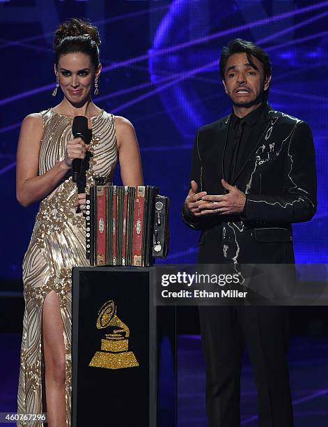 Co-hosts Jacqueline Bracamontes and Eugenio Derbez speak during the 15th annual Latin GRAMMY Awards at the MGM Grand Garden Arena on November 20,...