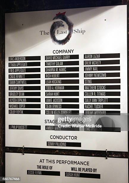 Lobby cast board for the CD autograph signing for the Original Broadway Cast Recording of 'The Last Ship' on stage at The Neil Simon Theatre on...