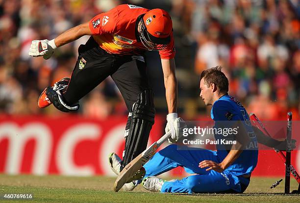 Andrew Tye of the Scorchers is run out during the Big Bash League match between the Perth Scorchers and Adelaide Strikers at WACA on December 22,...