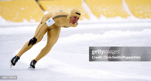 Eric Heiden of the USA en route to winning a gold medal during the 10,000 metres speed skating race at the Winter Olympic Games in Lake Placid, USA...