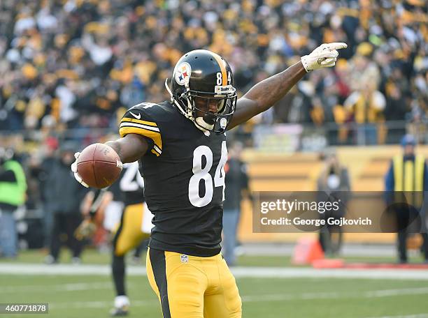 Wide receiver Antonio Brown of the Pittsburgh Steelers celebrates after scoring on a 3-yard touchdown pass play during a game against the Kansas City...