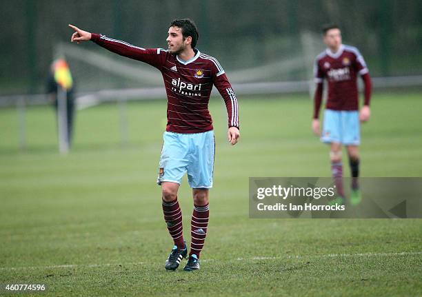 Diego Poyet of West Ham and son of Sunderland manager Gus Poyet gestures during the Barclays U21 Premier League between Newcastle United and West Ham...