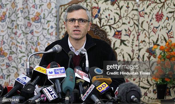 The Jammu and Kashmir Chief Minister and National Conference leader Omar Abdullah addressing press conference on December 22,2014 in Srinagar, India....