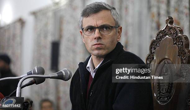 The Jammu and Kashmir Chief Minister and National Conference leader Omar Abdullah addressing press conference on December 22,2014 in Srinagar, India....