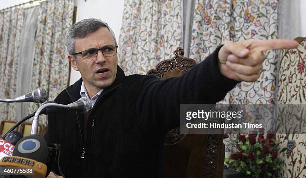 The Jammu and Kashmir Chief Minister and National Conference leader Omar Abdullah addressing press conference on December 22,2014 in Srinagar, India....