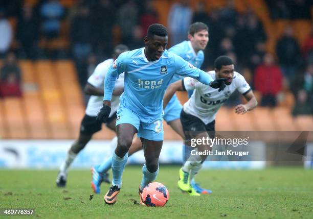 Temitope Obadeyi of Plymouth Argyle controls the ball during the Budweiser FA Cup third round match between Port Vale and Plymouth Argyle at Vale...