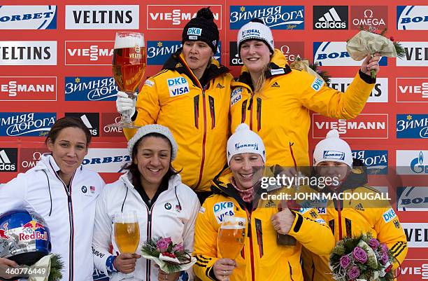 First placed Sandra Kiriasis and Franziska Fritz of Germany, second placed Elena Meyers and Lolo Jones of the USA and third placed Anja...