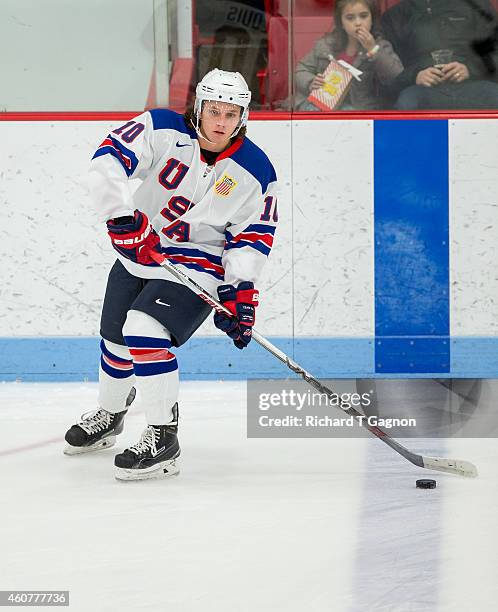 Anthony Louis of the USA National Junior Team warms up prior to NCAA exhibition hockey against the Boston University Terriers at Walter Brown Arena...