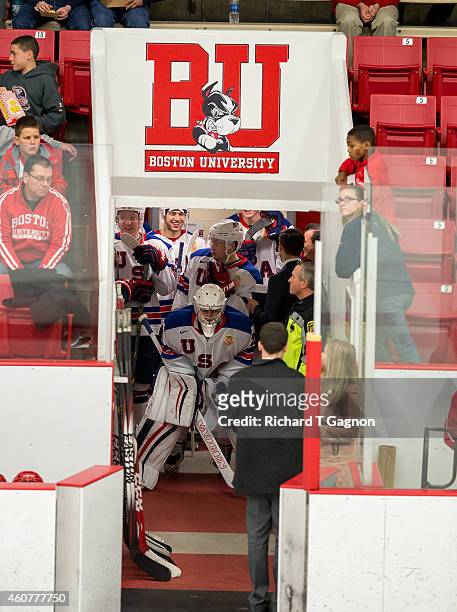 Brandon Halverson of the USA National Junior Team stands in the tunnel prior to NCAA exhibition hockey against the Boston University Terriers at...