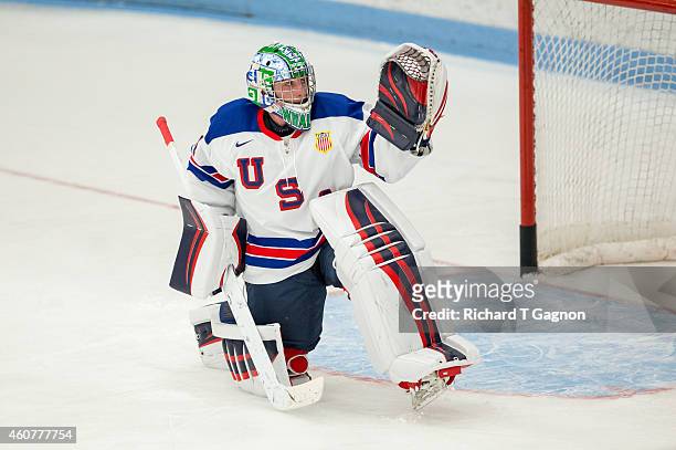 Alex Nedeljkovic of the USA National Junior Team warms up prior to NCAA exhibition hockey against the Boston University Terriers at Walter Brown...
