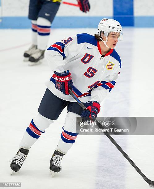 Sonny Milano of the USA National Junior Team warms up prior to NCAA exhibition hockey against the Boston University Terriers at Walter Brown Arena on...