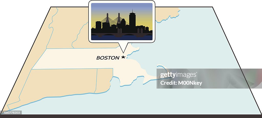 Boston Skyline on Map of Massachusetts