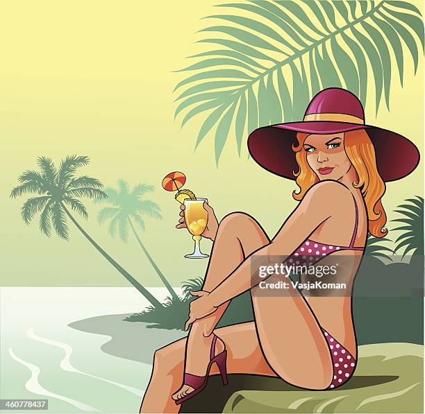 young woman with hat and tropical drink - hot body girls stock illustrations