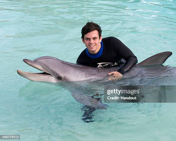In this handout photo provided by SeaWorld San Diego, performing artist Daniel Sahyounie of the band The Janoskians made a new friend in Kali, a...