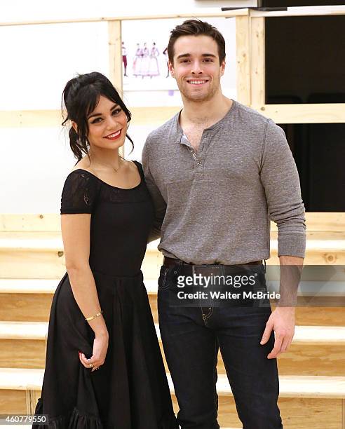 Vanessa Hudgens and Corey Cott attend the Meet & Greet for The New Broadway Production of Lerner and Loewe's 'Gigi' at The New 42nd Street Studios on...