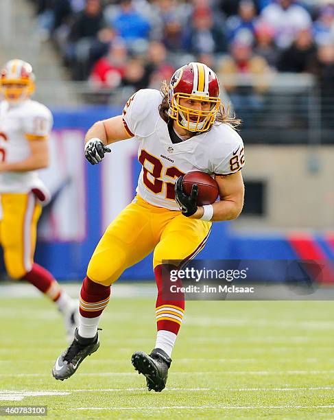 Logan Paulsen of the Washington Redskins in action the New York Giants on December 14, 2014 at MetLife Stadium in East Rutherford, New Jersey. The...