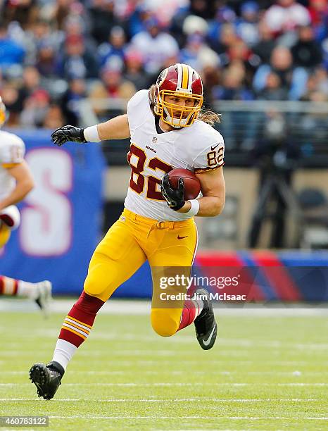 Logan Paulsen of the Washington Redskins in action the New York Giants on December 14, 2014 at MetLife Stadium in East Rutherford, New Jersey. The...