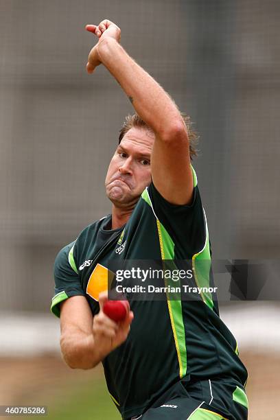 Ryan Harris bowls during an Australian training session at Melbourne Cricket Ground on December 23, 2014 in Melbourne, Australia.