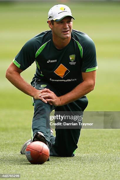 Ryan Harris stretches during an Australian training session at Melbourne Cricket Ground on December 23, 2014 in Melbourne, Australia.