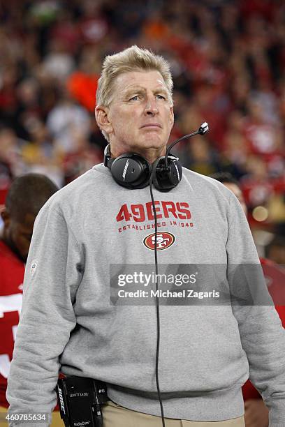 Linebackers Coach Jim Leavitt of the San Francisco 49ers stands on the sideline prior to the game against the San Diego Chargers at Levi Stadium on...