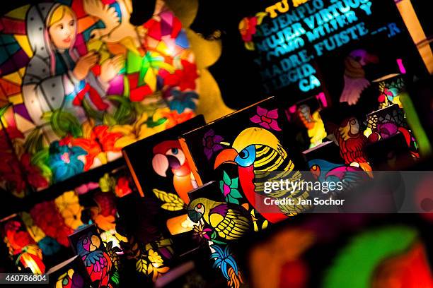 Colorful paper lanterns decorated with birds from tropical rainforest of Amazonia motives are displayed on the street during the annual Festival of...