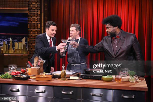 Episode 0185 -- Pictured: Host Jimmy Fallon, chef Bobby Flay and Ahmir "Questlove" Thompson during a cooking demonstration on December 22, 2014 --