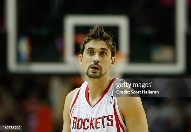 Alexey Shved of the Houston Rockets waits on the court during their game against the Portland Trail Blazers at the Toyota Center on December 22, 2014...