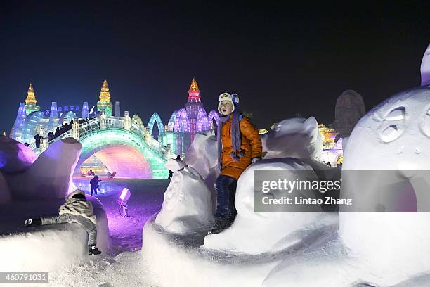 Children play at the Grand Ice and Snow World during the 30th Harbin International Ice & Snow Sculpture Festival on January 5, 2014 in Harbin, China....