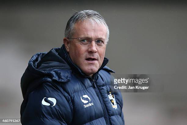 Manager of Port Vale Micky Adams looks on during the Budweiser FA Cup third round match between Port Vale and Plymouth Argyle at Vale Park on January...