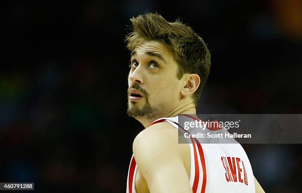 Alexey Shved of the Houston Rockets waits on the court during their game against the Portland Trail Blazers at the Toyota Center on December 22, 2014...