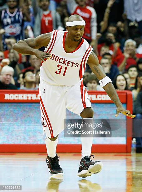 Jason Terry of the Houston Rockets reacts to his 2000th career three-point shot during their game against the Portland Trail Blazers at the Toyota...
