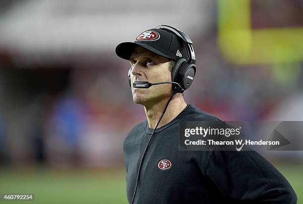 Head coach Jim Harbaugh of the San Francisco 49ers looks on from the sidelines against the San Diego Chargers at Levi's Stadium on December 20, 2014...