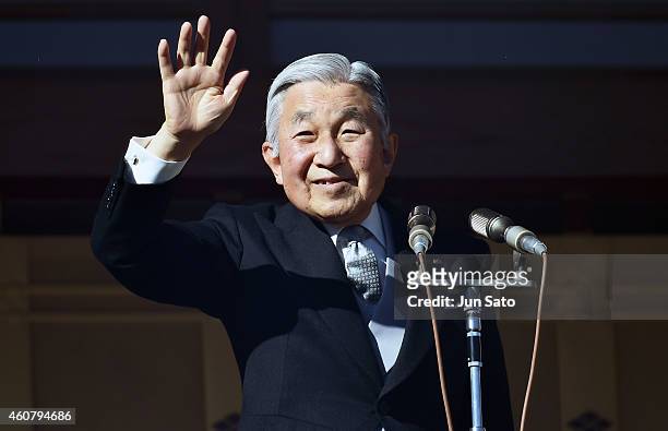 Emperor Akihito Of Japan greets the public at the Imperial Palace on December 23, 2014 in Tokyo, Japan. Emperor Akihito of Japan turned 81 on...
