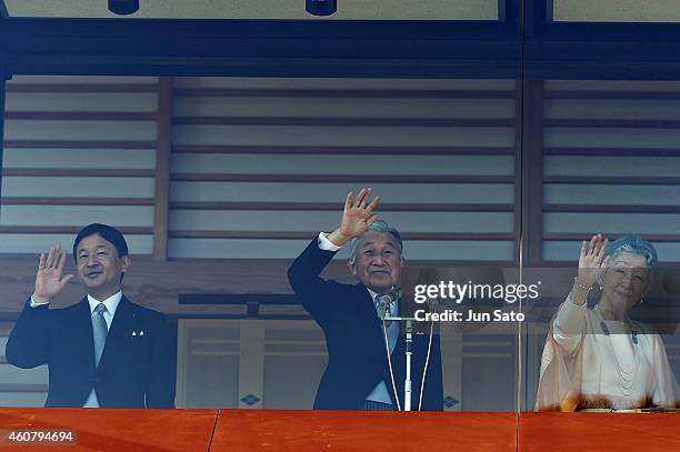 Crown Prince Naruhito, Emperor Akihito and Empress Michiko Of Japan greet the public at the Imperial Palace on December 23, 2014 in Tokyo, Japan....