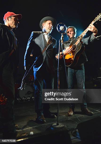 Musicians Dan Bern, John C. Reilly and Mike Viola perform during "Make It Together" - a benefit for Josh Schwartz on stage at the Echoplex on...