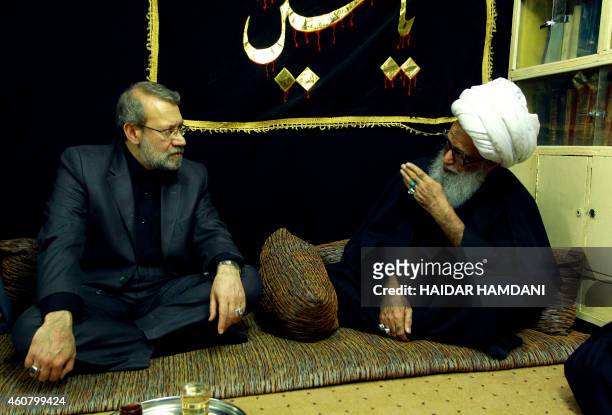 Speaker of Iran's parliament Ali Larijani meets with Grand Ayatollah Sheikh Bashir Hussain Najafi, one of the five Grand Ayatollahs in Iraq, during...