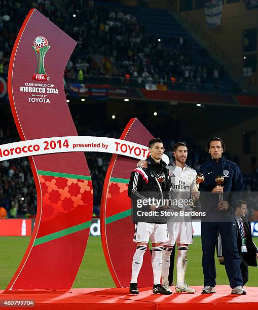 Sergio Ramos of Real Madrid CF poses with Cristiano Ronaldo of Real Madrid CF and Ivan Vicelich of Auckland City after the FIFA Club World Cup Final...