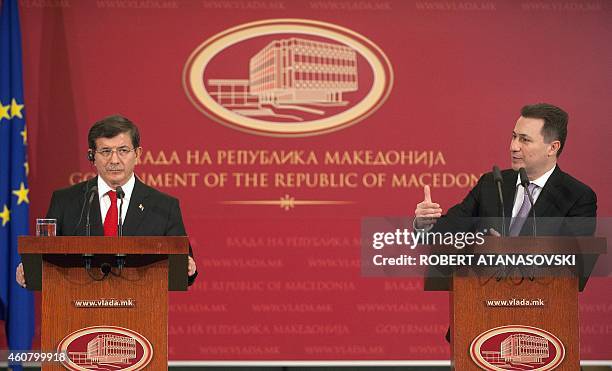 Turkish Prime Minister Ahmet Davutoglu and his Macedonian counterpart Nikola Gruevski attend a press conference in the Government building in Skopje...