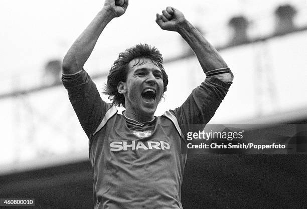 Bryan Robson of Manchester United celebrating a goal during the FA Cup semi-final against Liverpool at Goodison Park in Liverpool on 13th April 1985....
