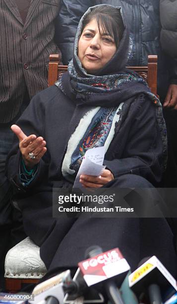 President Mehbooba Mufti addressing press conference after the results of Assembly elections on December 23, 2014 in Srinagar, India. PDP emerged as...