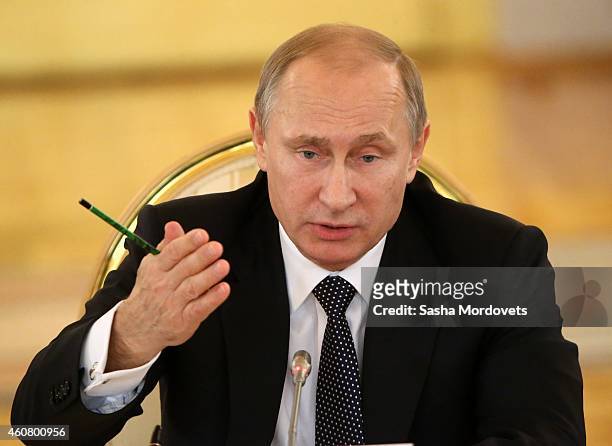 Russian President Vladimir Putin attends the Summit of Collective Security Treaty Organisation at the Grand Kremlin Palace, on December 23, 2014 in...