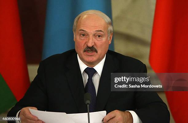 Belarussian President Alexander Lukashenko speaks during the Summit of Collective Security Treaty Organisation at the Grand Kremlin Palace, on...