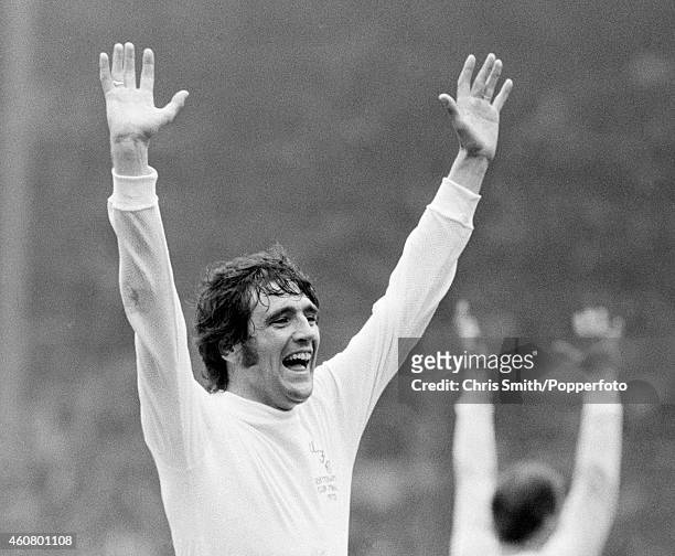 Norman Hunter of Leeds United celebrates victory over Arsenal at the end of the FA Cup Final at Wembley Stadium in London on 6th May 1972. Leeds...