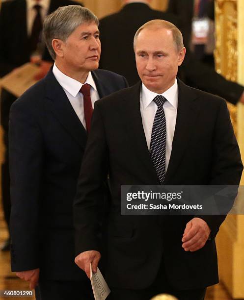 Kyrgyz President Almazbek Atambayev and Russian President Vladimir Putin attend the Summit of Collective Security Treaty Organisation at the Grand...