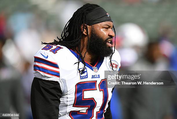 Brandon Spikes of the Buffalo Bills looks on during warm ups prior to playing the Oakland Raiders at O.co Coliseum on December 21, 2014 in Oakland,...